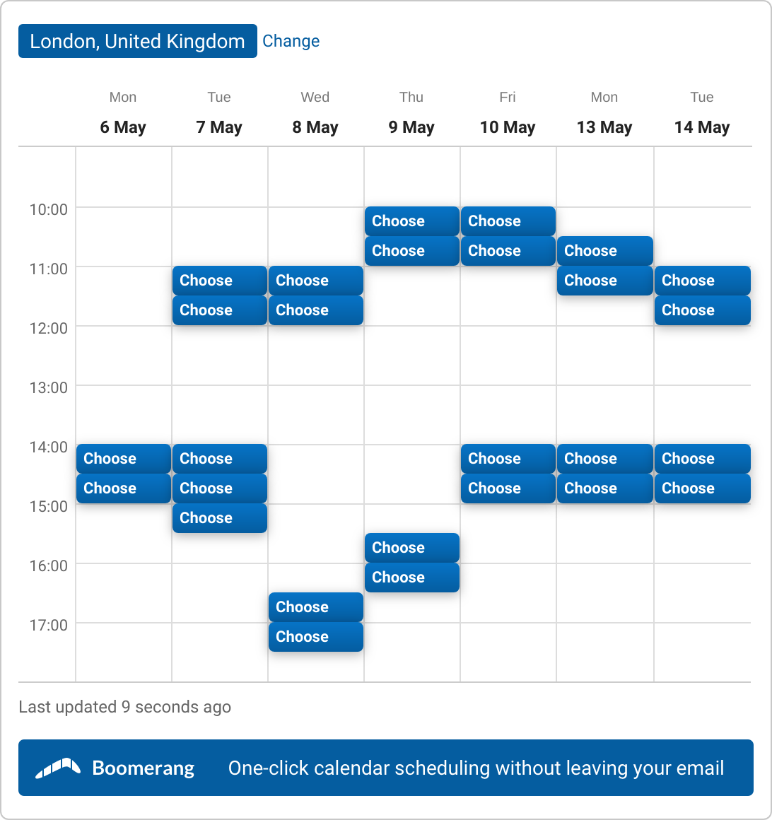 A set of time slots for 30 min meeting with Dan Tulloch